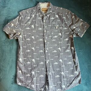 Gray Fish Patterned Men's Short Sleeve Button Down Shirt - Size S